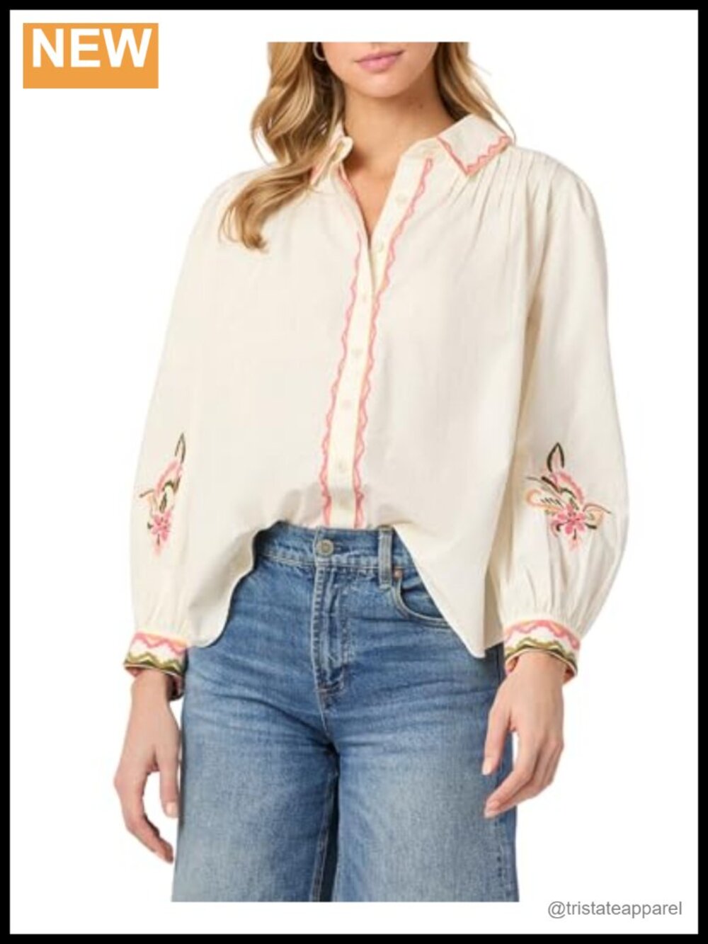 Women's Floral Embroidered Cotton Blouse Collared Cuff Sleeve